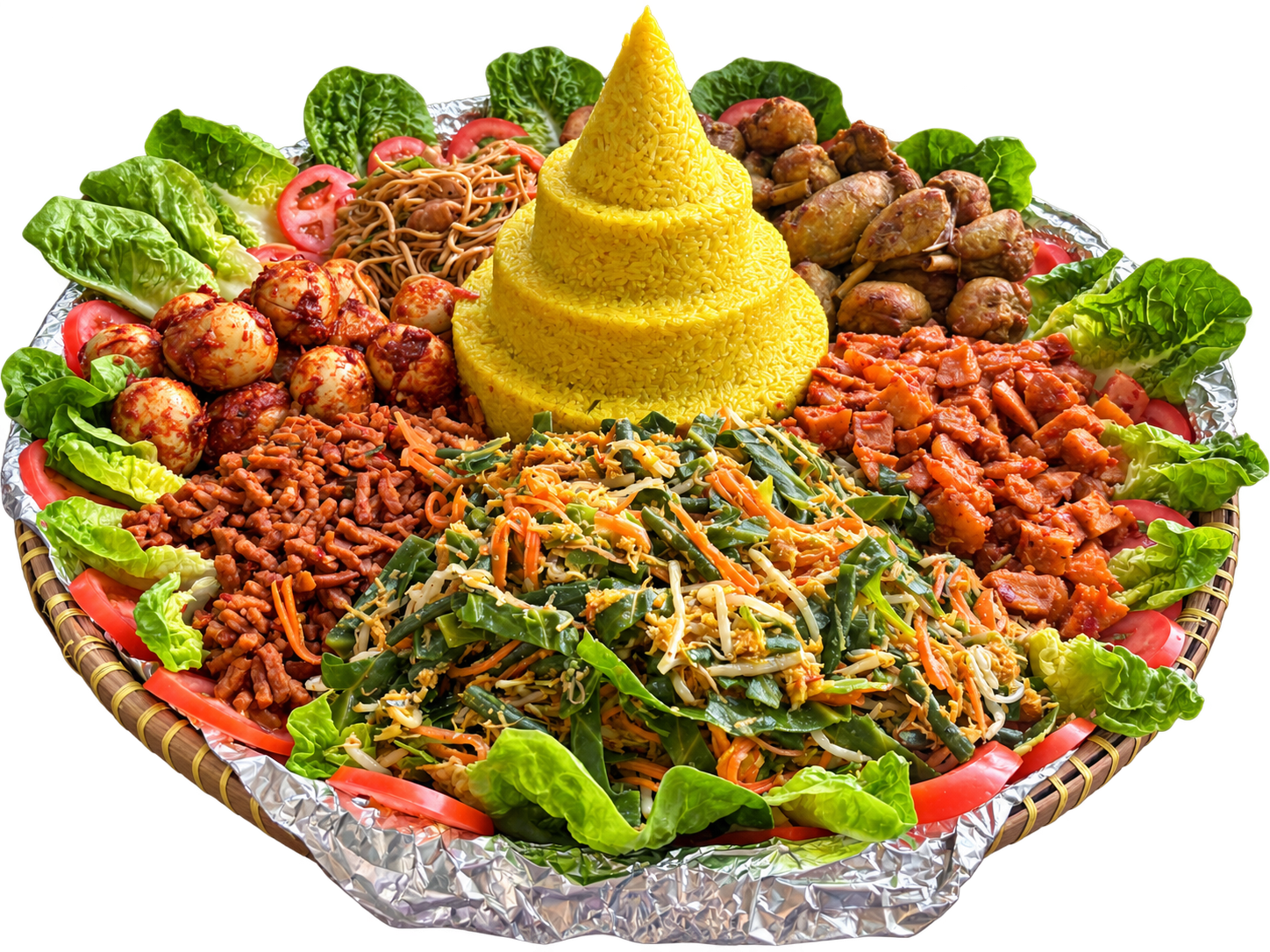 Golden cone-shaped rice surrounded by vegetables, eggs, chicken and Indonesian dishes
